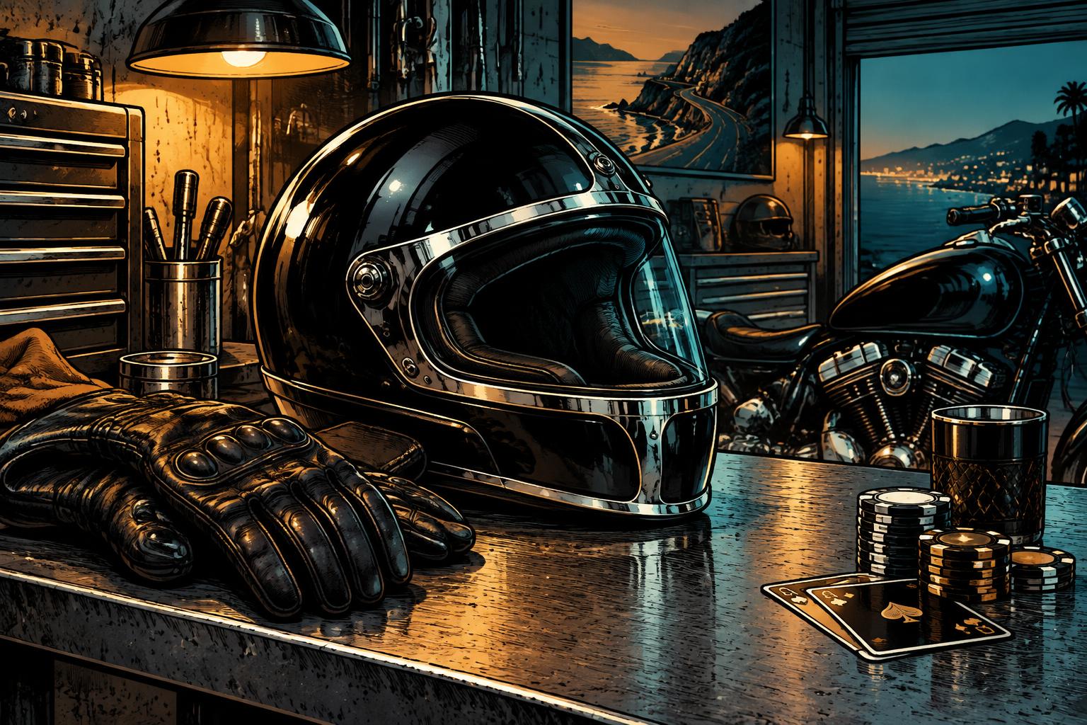 Helm en motorhandschoenen op een verlichte werkbank